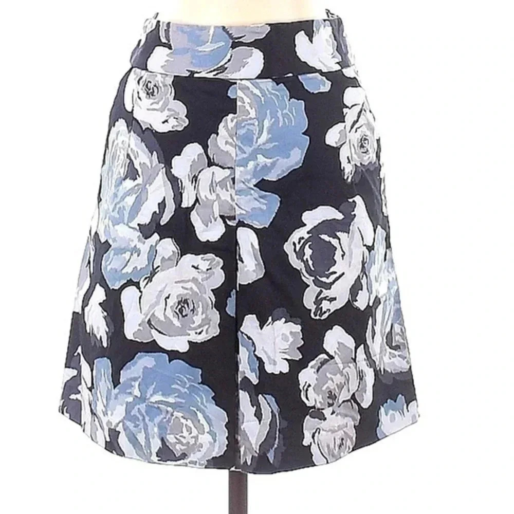 Express Y2K Blue & Black Floral Watercolor Cotton Full Skirt Women’s Size 0 XXS